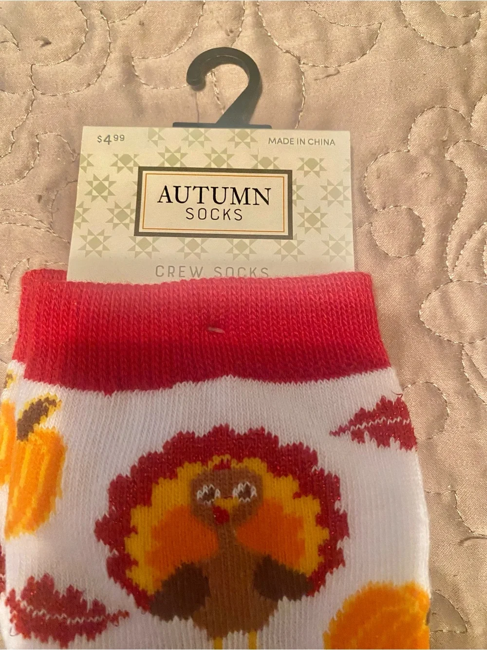 Autumn Socks Turkey & Pumpkin Crew Socks - White & Red